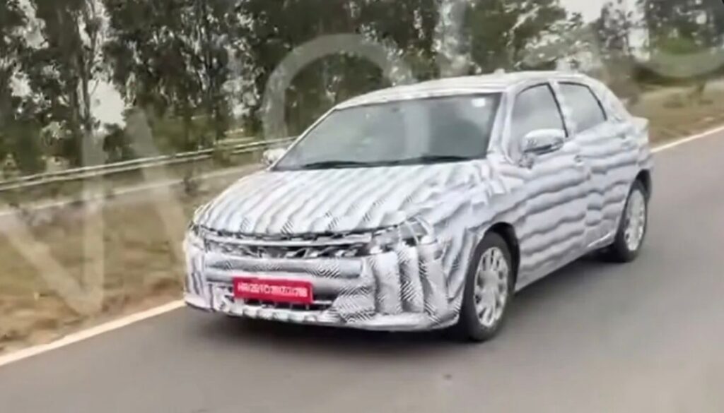 2026 Maruti Suzuki Baleno facelift spy shot showing revised front grille and DRLs